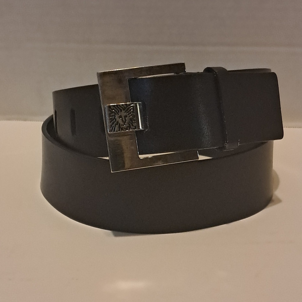 Anne Klein Women Brown Leather Belt Size L Lion Logo Wide Classic Preowned